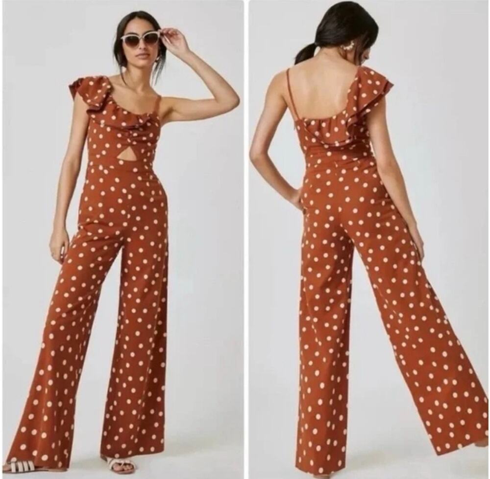 Maeve Anthropologie Orange and White Polka Dot One Shoulder Jumpsuit Size 14